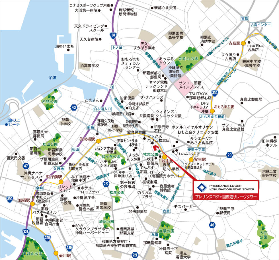 プレサンスロジェ国際通りレーヴタワーとランドマーク地図