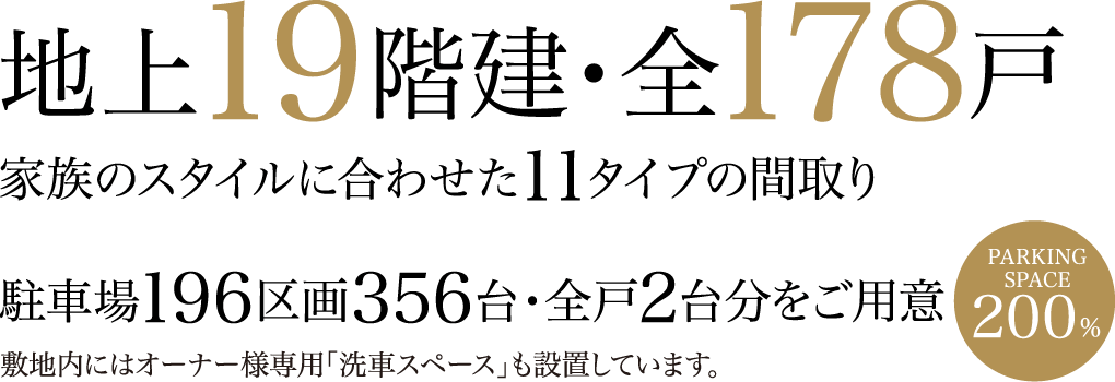 地上19階建・全178戸　家族のスタイルに合わせた11タイプの間取り。駐車場196区画356台・全戸2台分をご用意。敷地内にはオーナー様専用「洗車スペース」も設置しています。