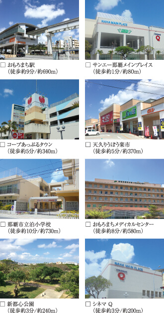 おもろまち駅・サンエー那覇メインプレイス・コープあっぷるタウン・天久りうぼう楽市・那覇市立泊小学校・おもろまちメディカルセンター・新都心公園・シネマQ