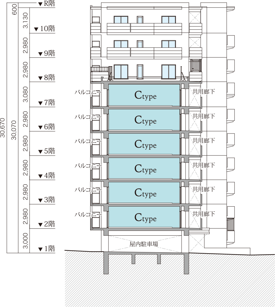 レーヴ宜野湾エコール　C-C断面図