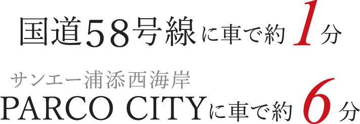 国道58号線に車で約1分　サンエー浦添西海岸 PARCO CITYに車で約6分