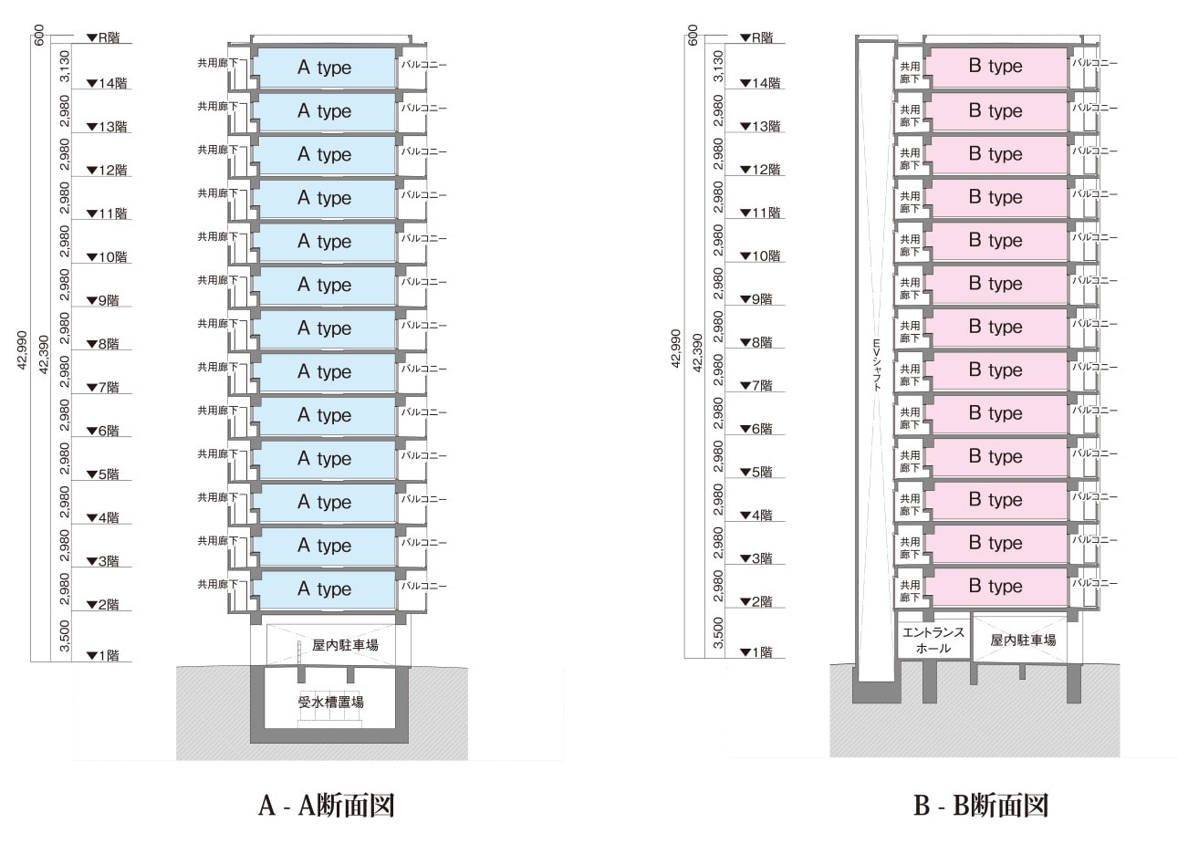 レーヴ牧港一丁目 Cross Section Plan A−A断面図　B−B断面図