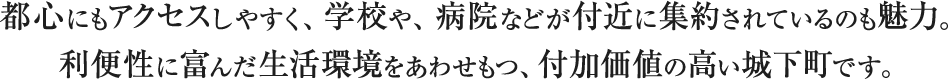 都心にもアクセスしやすく、学校や、病院などが付近に集約されているのも魅力。利便性に富んだ生活環境をあわせもつ、付加価値の高い城下町です。