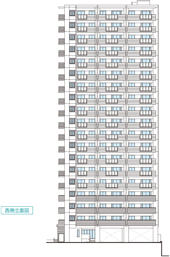 レーヴグランディてだこ浦西タワー　西側立面図
