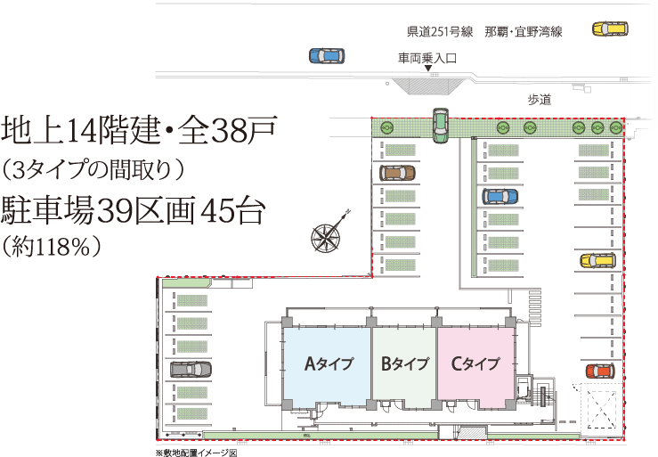 地上14階建・全38戸(3タイプの間取り) 駐車場39区画45台(約118％)