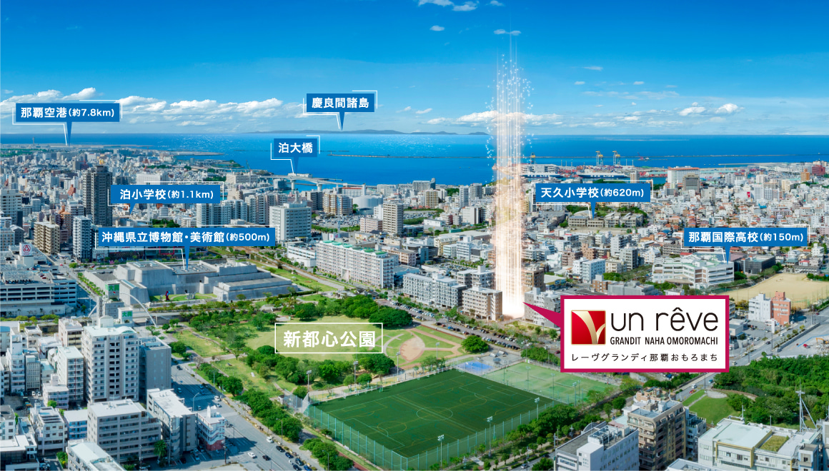 現地から新都心公園へ徒歩1分、那覇空港へ車で約17分(周辺航空写真にCG処理を実施)