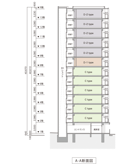 レーヴグランディ那覇おもろまち　A-A断面図