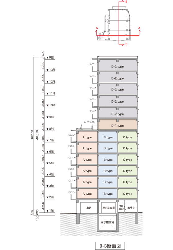 レーヴグランディ那覇おもろまち　B-B断面図