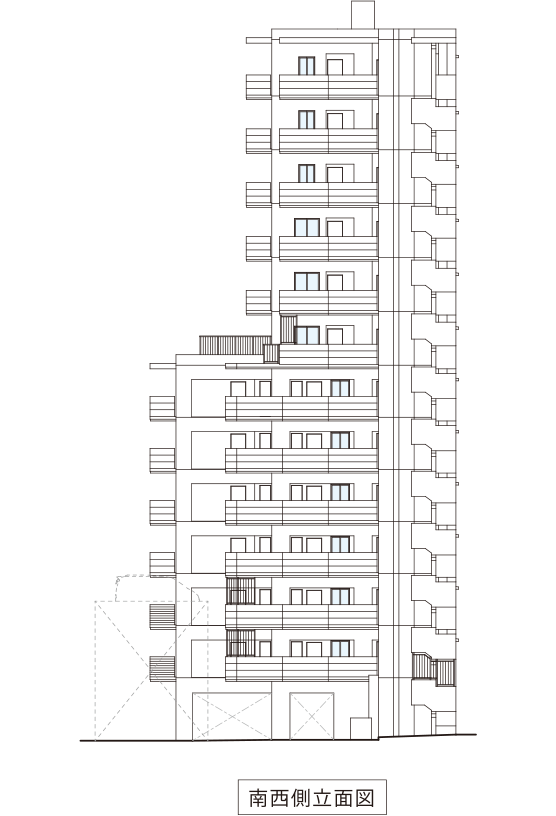 レーヴグランディ那覇おもろまち　南西側立面図